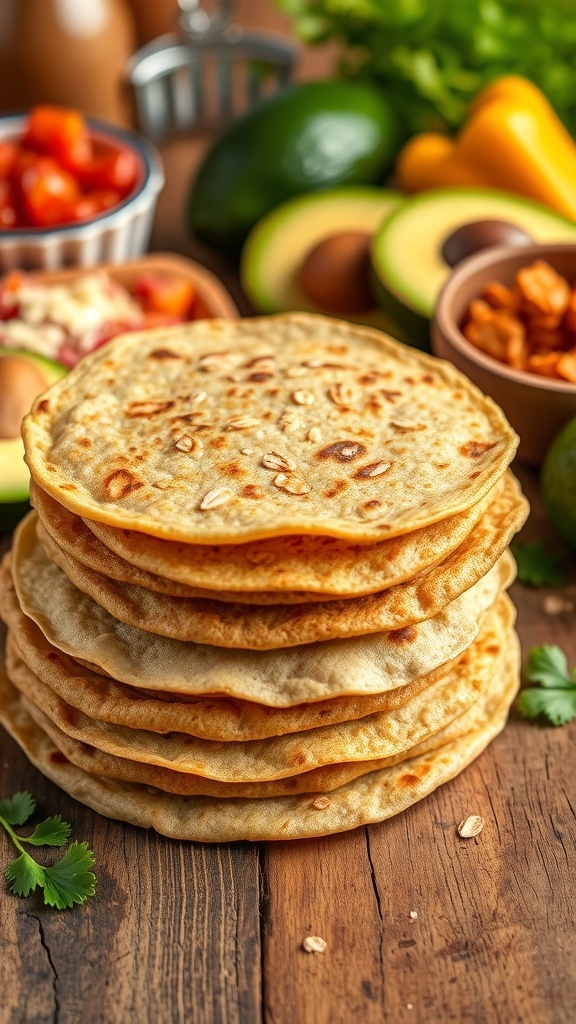 A stack of golden oat tortillas with fresh vegetables and salsa on a wooden table.
